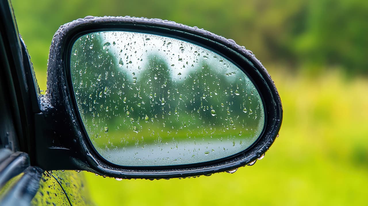 雨粒がついた車のサイドミラー